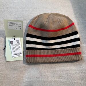 Burberry Tan and Red Striped Beanie.